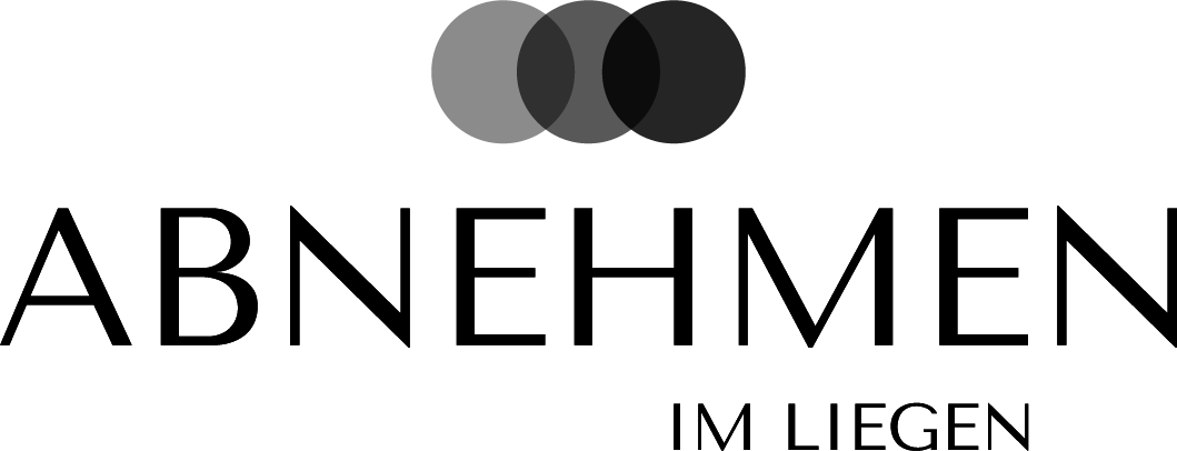 Ein weißes Logo mit dem Text Abnehmen im Liegen.